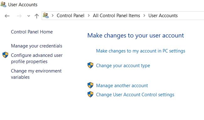 Control Panel Windows 10 User Account