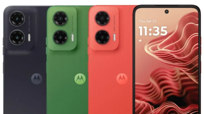 Motorola g35 5G in 3 colors - Leaf Green, Guava Red, and Midnight Black.